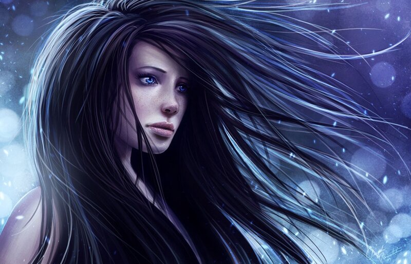 Woman with Long Hair — Blue, Dramatic, Night, Digital Art, Eyes, Snow