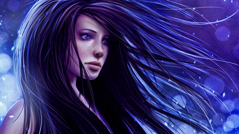 Woman with Long Hair — Blue, Dramatic, Night, Digital Art, Eyes, Sparkles
