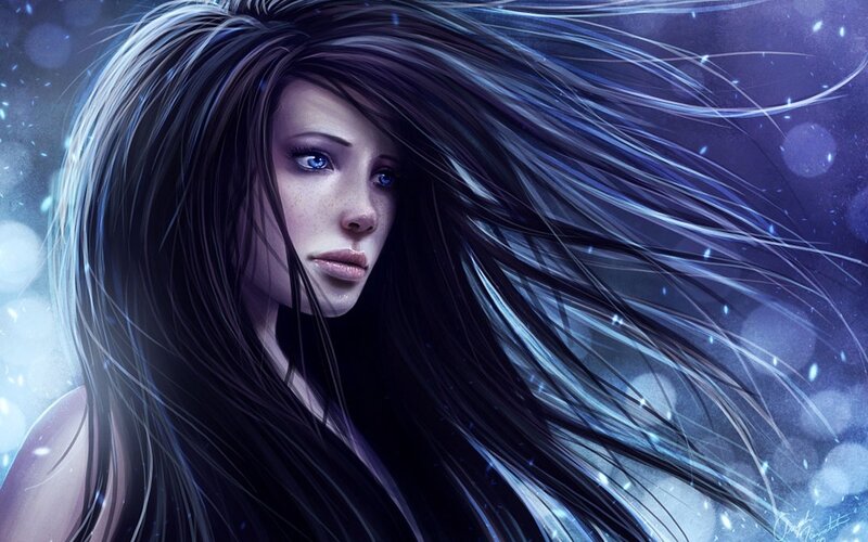 Woman with Long Hair — Blue, Dramatic, Night, Digital Art, Eyes