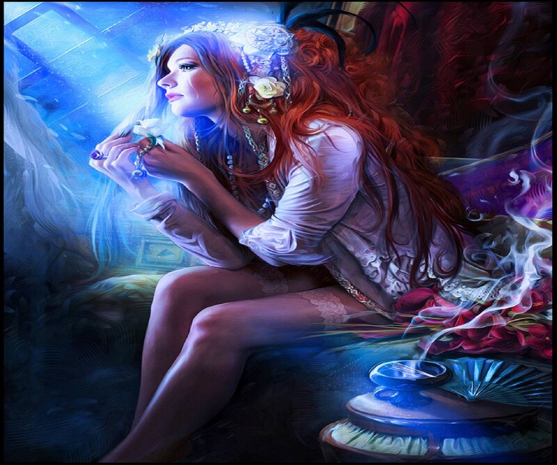 Woman with Long Hair — Blue, Dramatic, Night, Digital Art, Flowers