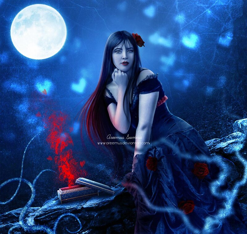 Woman with Long Hair — Blue, Dramatic, Night, Digital Art, Moon, Book