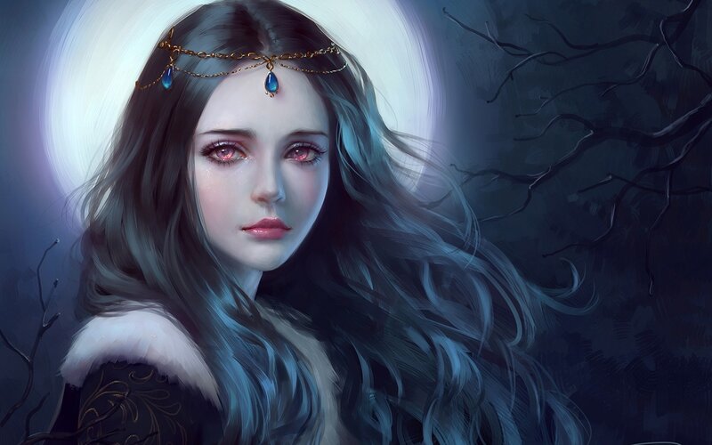 Woman with Long Hair — Blue, Dramatic, Night, Digital Art, Moon, Branches, Headband