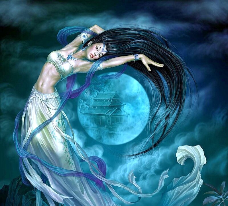Woman with Long Hair — Blue, Dramatic, Night, Digital Art, Moon, Building