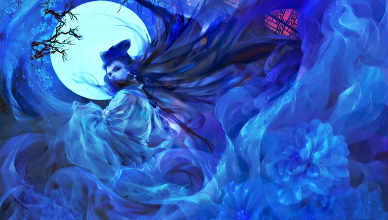 Woman with Long Hair — Blue, Dramatic, Night, Digital Art, Moon, Tree Branch
