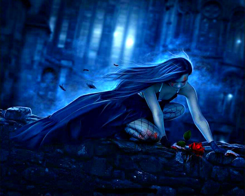 Woman with Long Hair — Blue, Dramatic, Night, Digital Art, Rose, Feathers, Castle