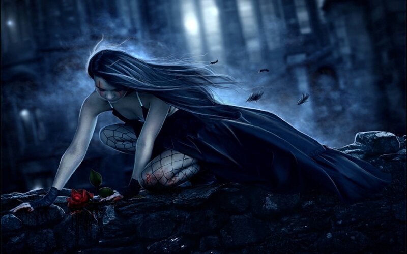 Woman with Long Hair — Blue, Dramatic, Night, Digital Art, Rose, Feathers