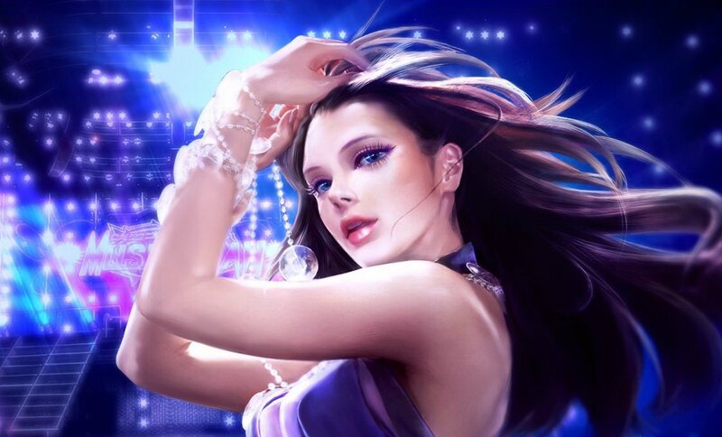 Woman with Long Hair — Blue, Dramatic, Night, Digital Art, Stage Lights