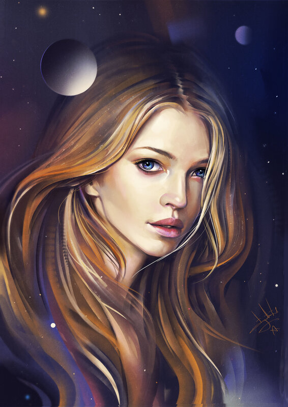Woman with Long Hair — Blue, Dramatic, Night, Digital Art, Stars, Planets