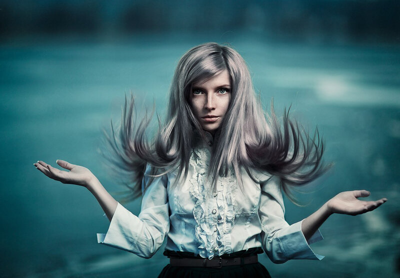 Woman with Long Hair — Blue, Dramatic, Photograph, Shirt