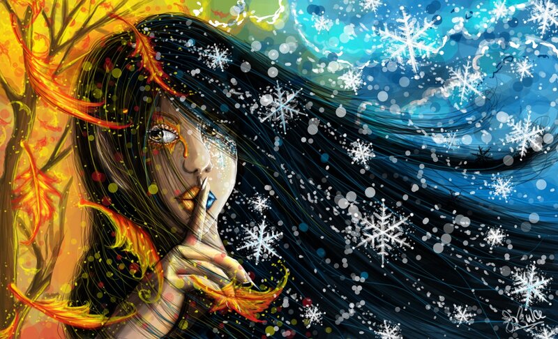 Woman with Long Hair — Blue, Dramatic, Winter, Digital Art, Snowflakes