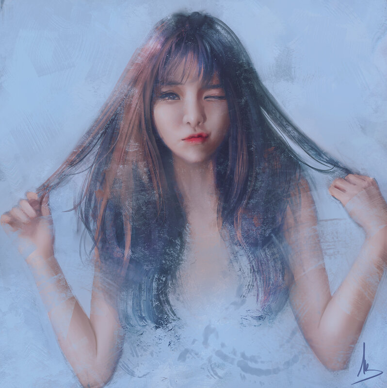 Woman with Long Hair — Blue, Dreamy, Digital Art, Eyes