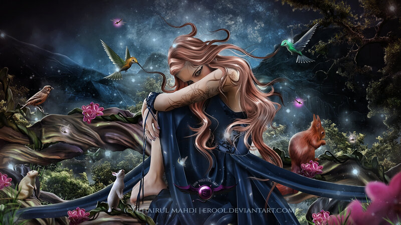 Woman with Long Hair — Blue, Dreamy, Night, Digital Art