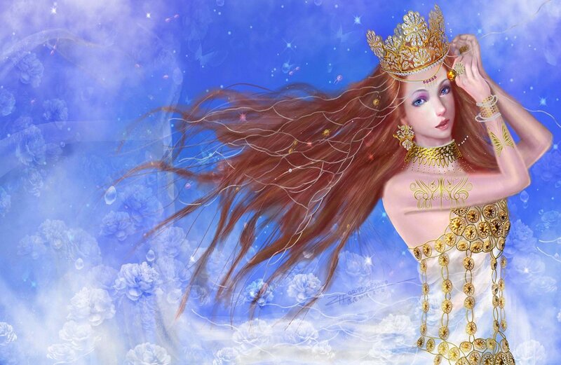 Woman with Long Hair — Blue, Ethereal, Digital Art, Crown