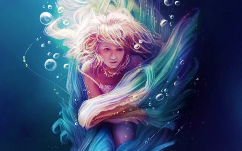 Woman with Long Hair — Blue, Serene, Digital Art, Bubbles
