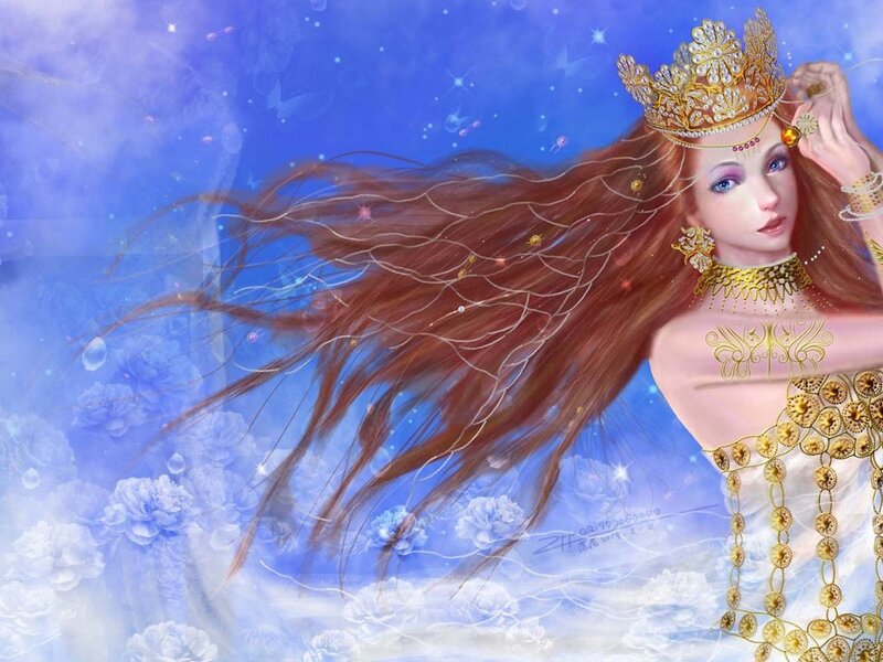 Woman with Long Hair — Blue, Serene, Digital Art, Crown