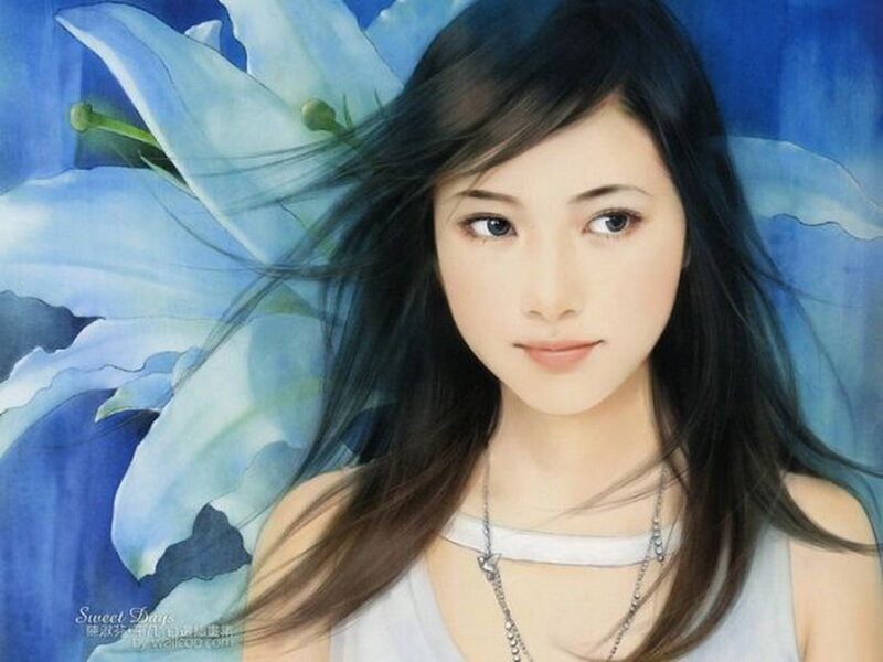 Woman with Long Hair — Blue, Serene, Digital Art, Flower