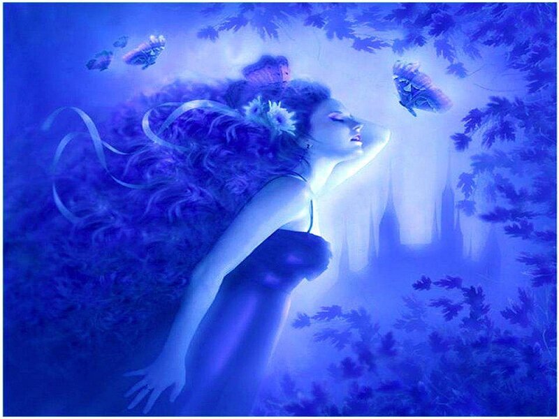 Woman with Long Hair — Blue, Serene, Night, Digital Art, Butterflies
