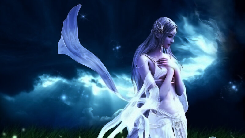 Woman with Long Hair — Blue, Serene, Night, Digital Art, Clouds