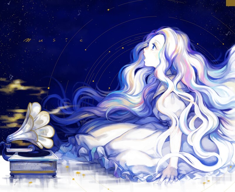 Woman with Long Hair — Blue, Serene, Night, Digital Art, Gramophone