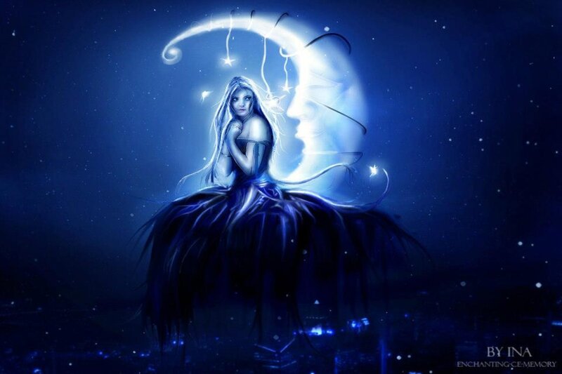 Woman with Long Hair — Blue, Serene, Night, Digital Art, Moon