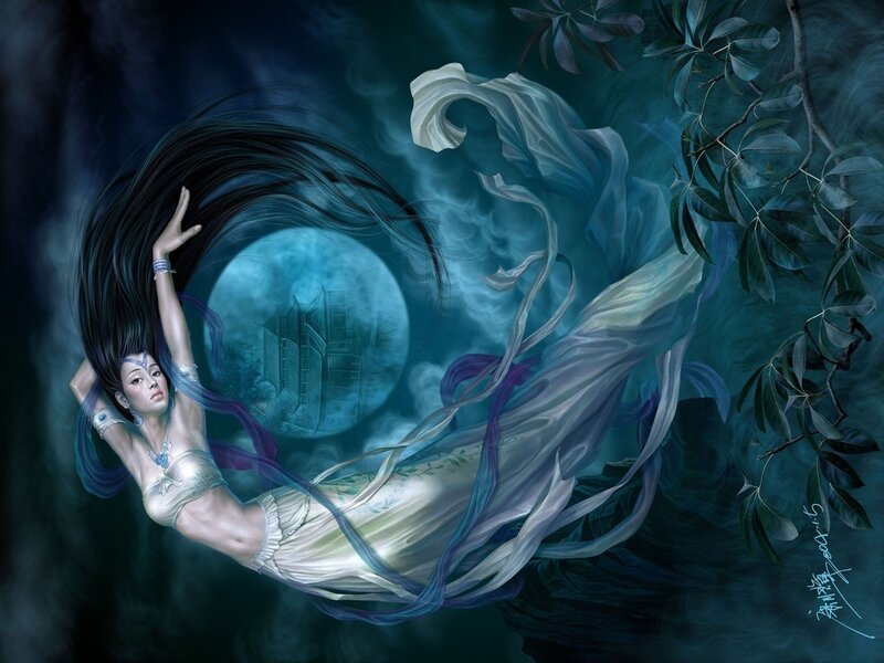 Woman with Long Hair — Blue, Serene, Night, Digital Art