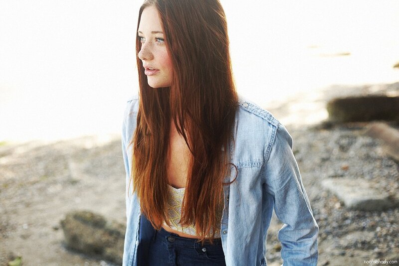 Woman with Long Hair — Blue, Serene, Sunset, Photograph, Denim Jacket