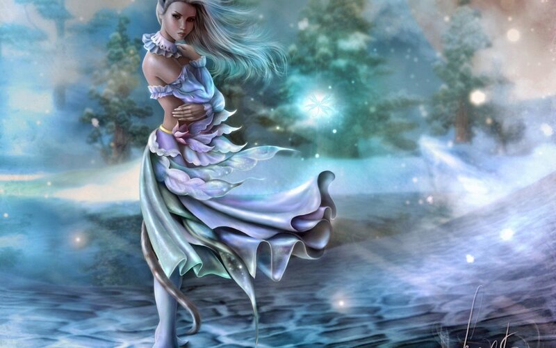 Woman with Long Hair — Blue, Serene, Winter, Digital Art