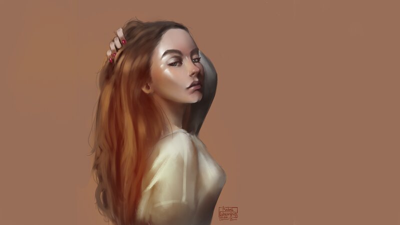 Woman with Long Hair — Brown, Calm, Digital Art, Hand