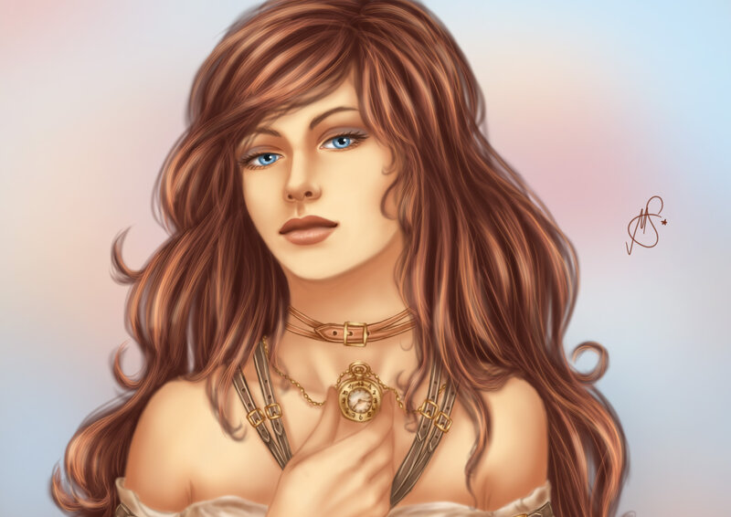 Woman with Long Hair — Brown, Calm, Digital Art, Necklace, Watch