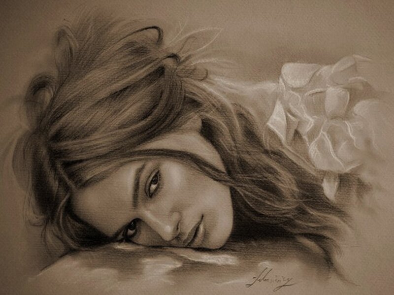 Woman with Long Hair — Brown, Calm, Illustration