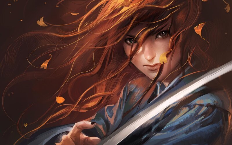 Woman with Long Hair — Brown, Dramatic, Autumn, Digital Art, Sword
