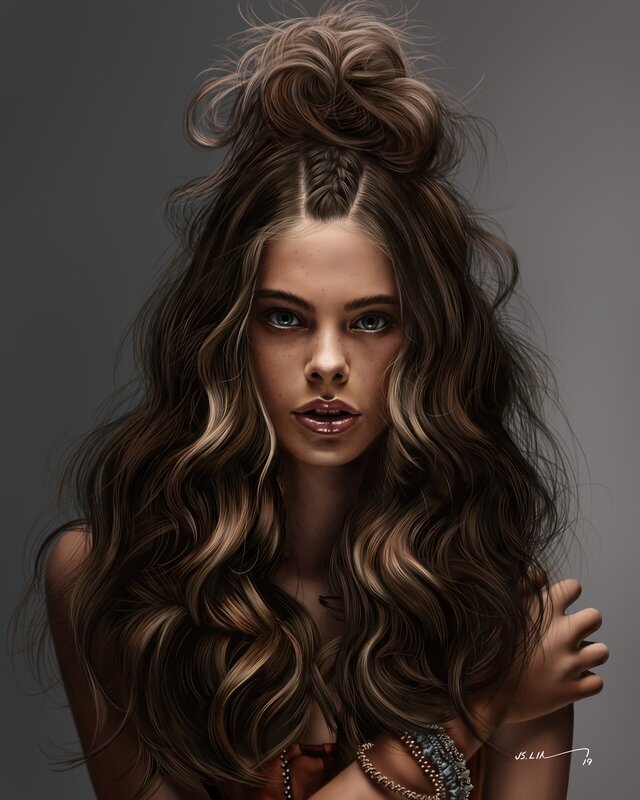 Woman with Long Hair — Brown, Dramatic, Digital Art, Bracelet