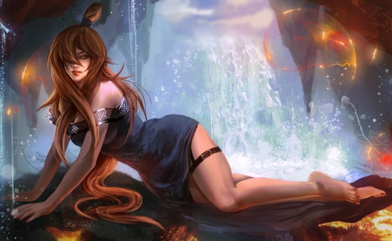 Woman with Long Hair — Brown, Dramatic, Digital Art, Dress, Fire
