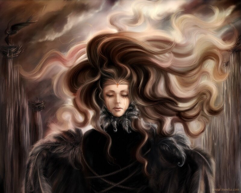Woman with Long Hair — Brown, Dramatic, Digital Art, Feather Cloak
