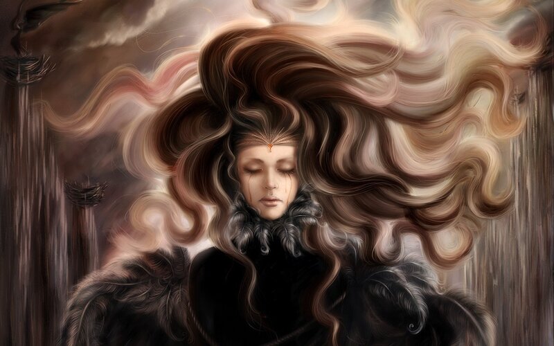 Woman with Long Hair — Brown, Dramatic, Digital Art, Feather Collar, Crying Eyes