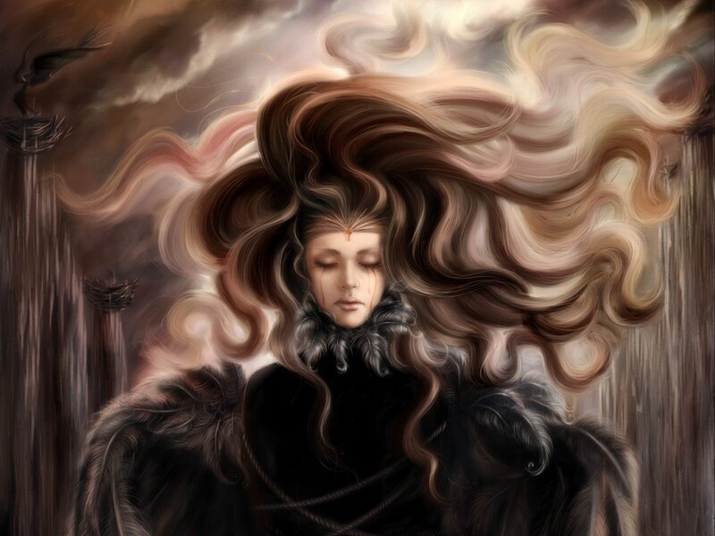Woman with Long Hair — Brown, Dramatic, Digital Art, Feathered Cloak, Crying Eyes