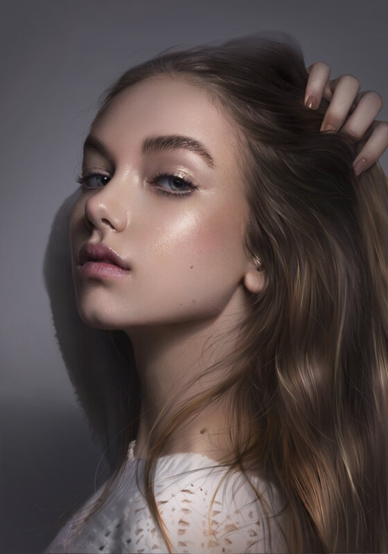 Woman with Long Hair — Brown, Dramatic, Digital Art, Hand, White Top