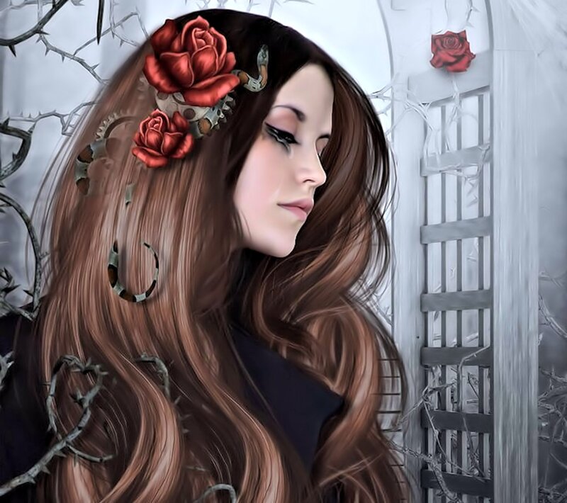 Woman with Long Hair — Brown, Dramatic, Digital Art, Red Roses
