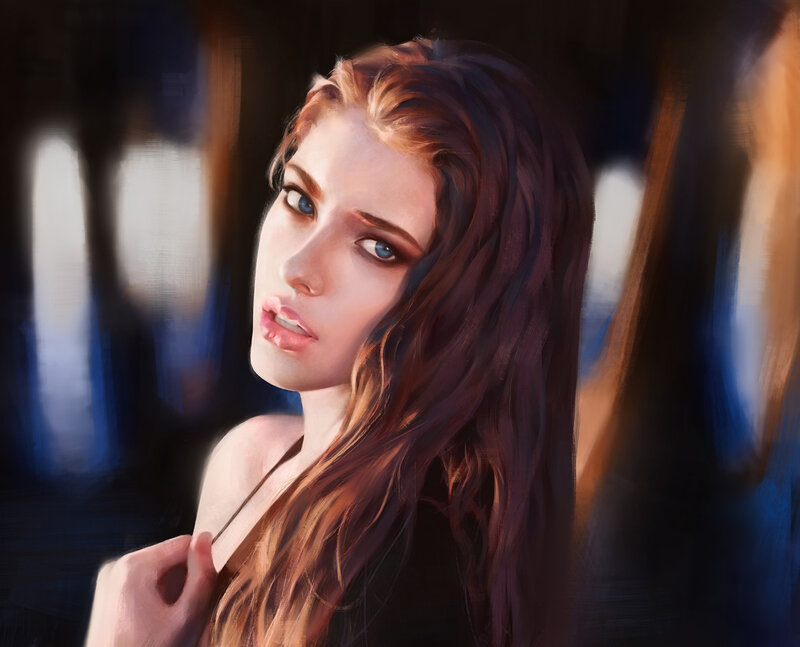Woman with Long Hair — Brown, Dramatic, Digital Art, Shoulder, Blue Eyes
