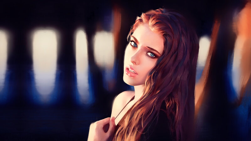 Woman with Long Hair — Brown, Dramatic, Night, Digital Art, Eyes, Light