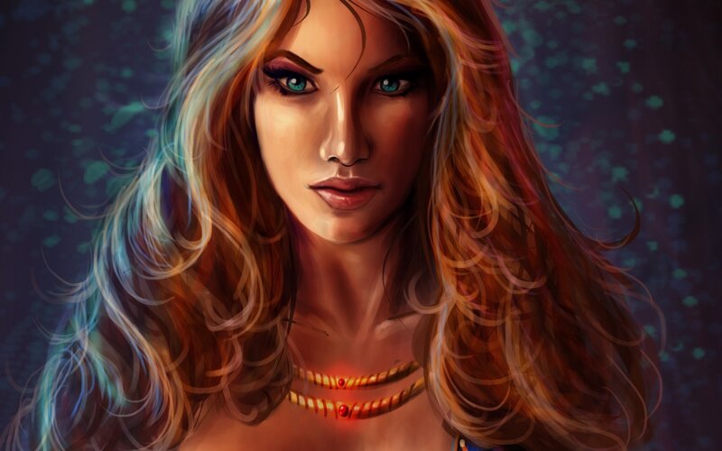Woman with Long Hair — Brown, Dramatic, Night, Digital Art, Necklace