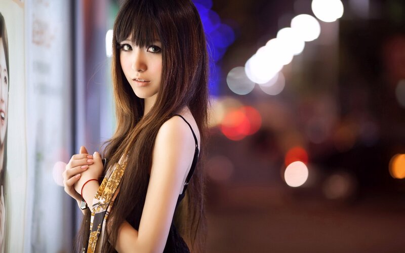 Woman with Long Hair — Brown, Dramatic, Night, Photograph, Lights