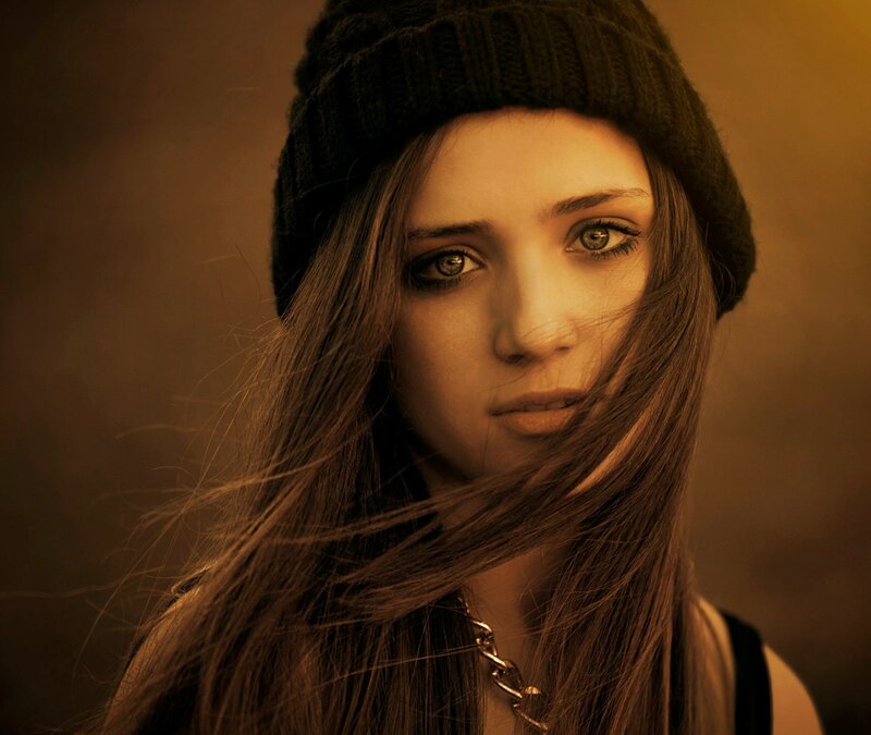 Woman with Long Hair — Brown, Dramatic, Photograph, Beanie