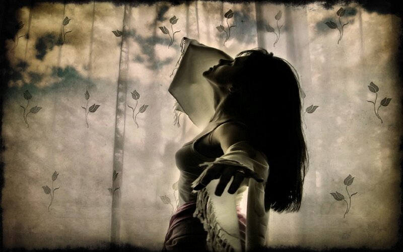Woman with Long Hair — Brown, Dramatic, Photograph, Curtain