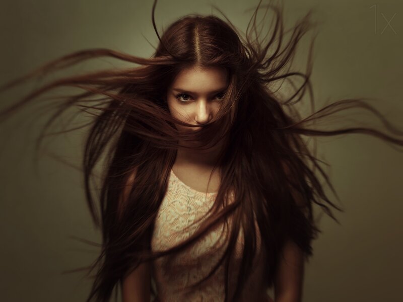 Woman with Long Hair — Brown, Dramatic, Photograph, Dress, Lighting