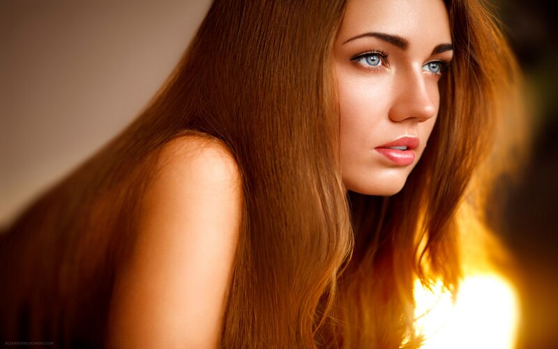 Woman with Long Hair — Brown, Dramatic, Photograph, Eyes, Light, Blue