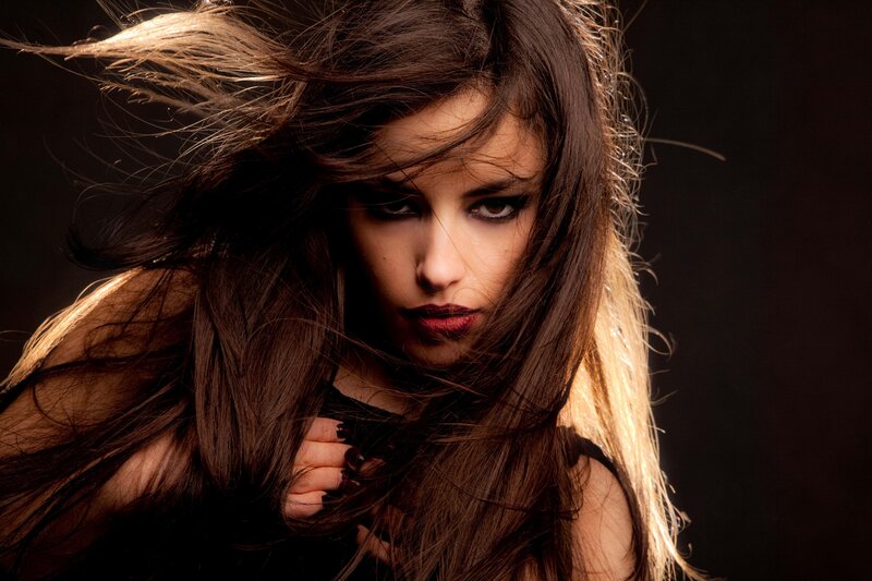 Woman with Long Hair — Brown, Dramatic, Photograph, Makeup, Black Top