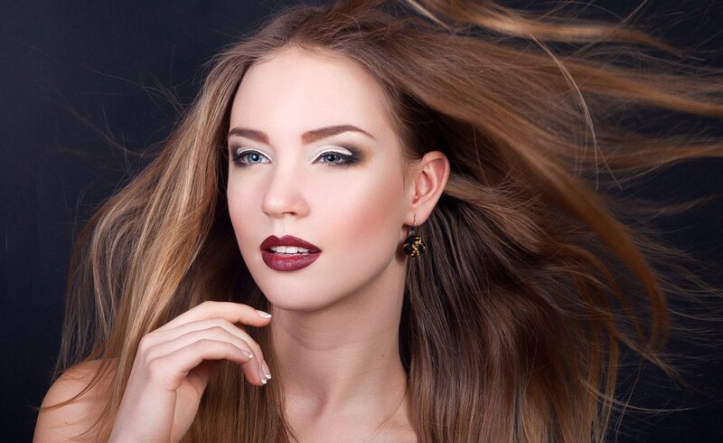 Woman with Long Hair — Brown, Dramatic, Photograph, Makeup, Earring