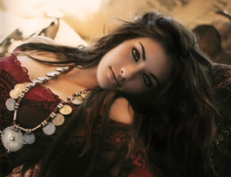 Woman with Long Hair — Brown, Dramatic, Photograph, Necklace, Red Top
