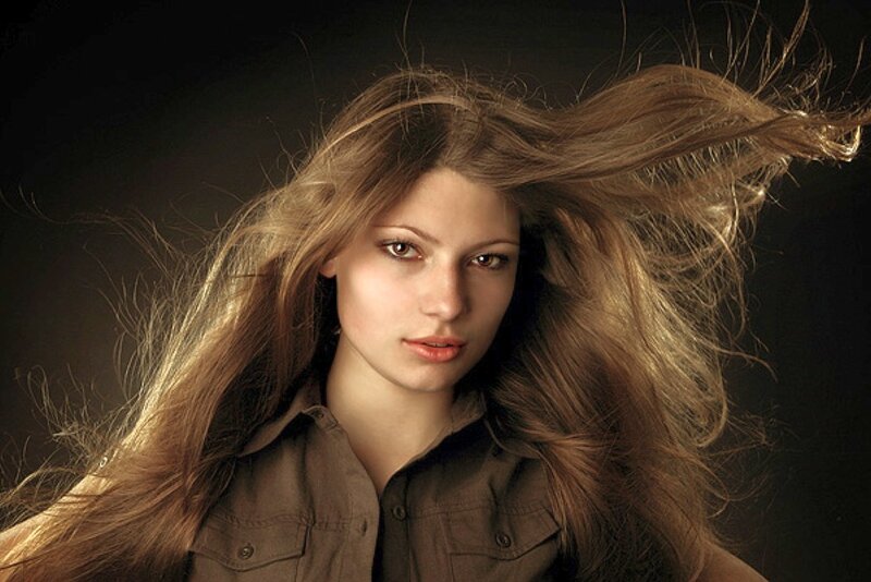 Woman with Long Hair — Brown, Dramatic, Photograph, Shirt